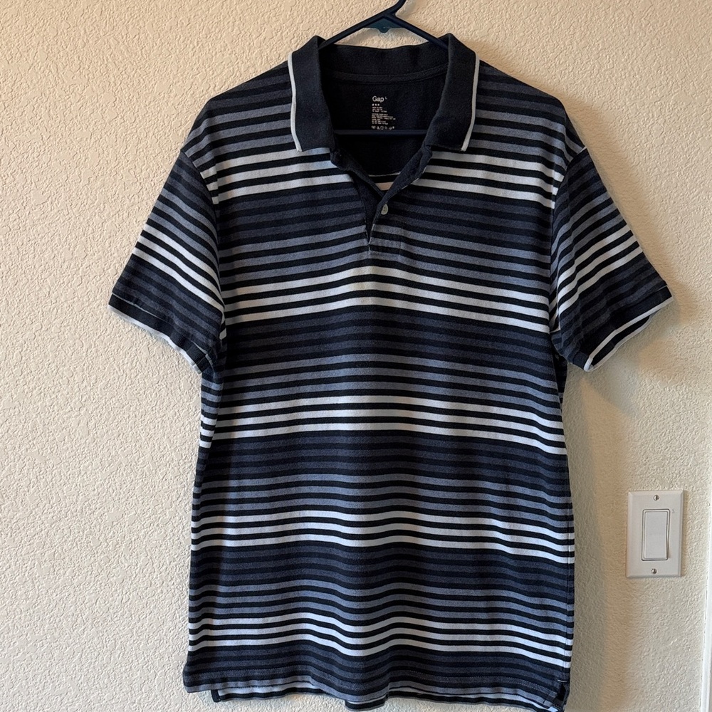 GAP 100% Cotton Polo-style Shirt,Large, white/bluegray/charcoal stripes w/navy